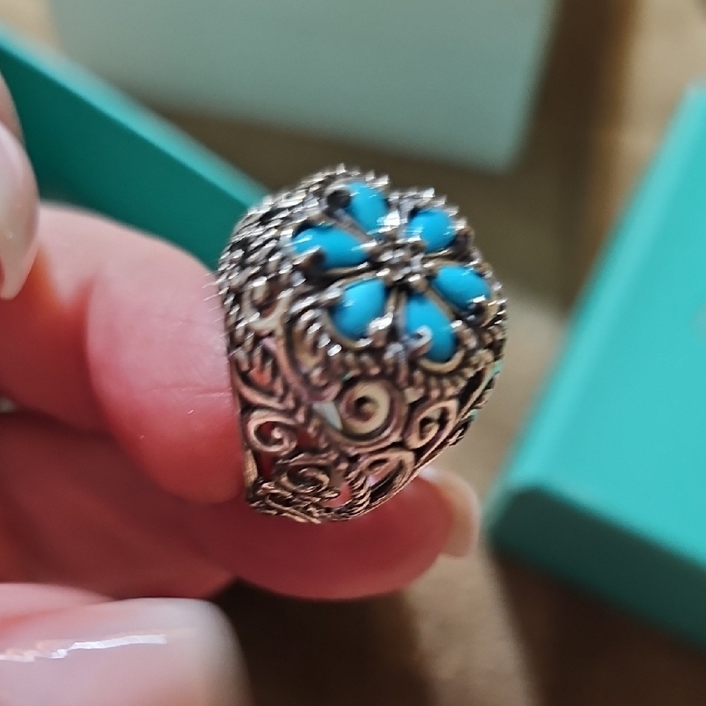 QVC Carolyn Pollack Silver Ring with Blue Floral Accents Sz 9